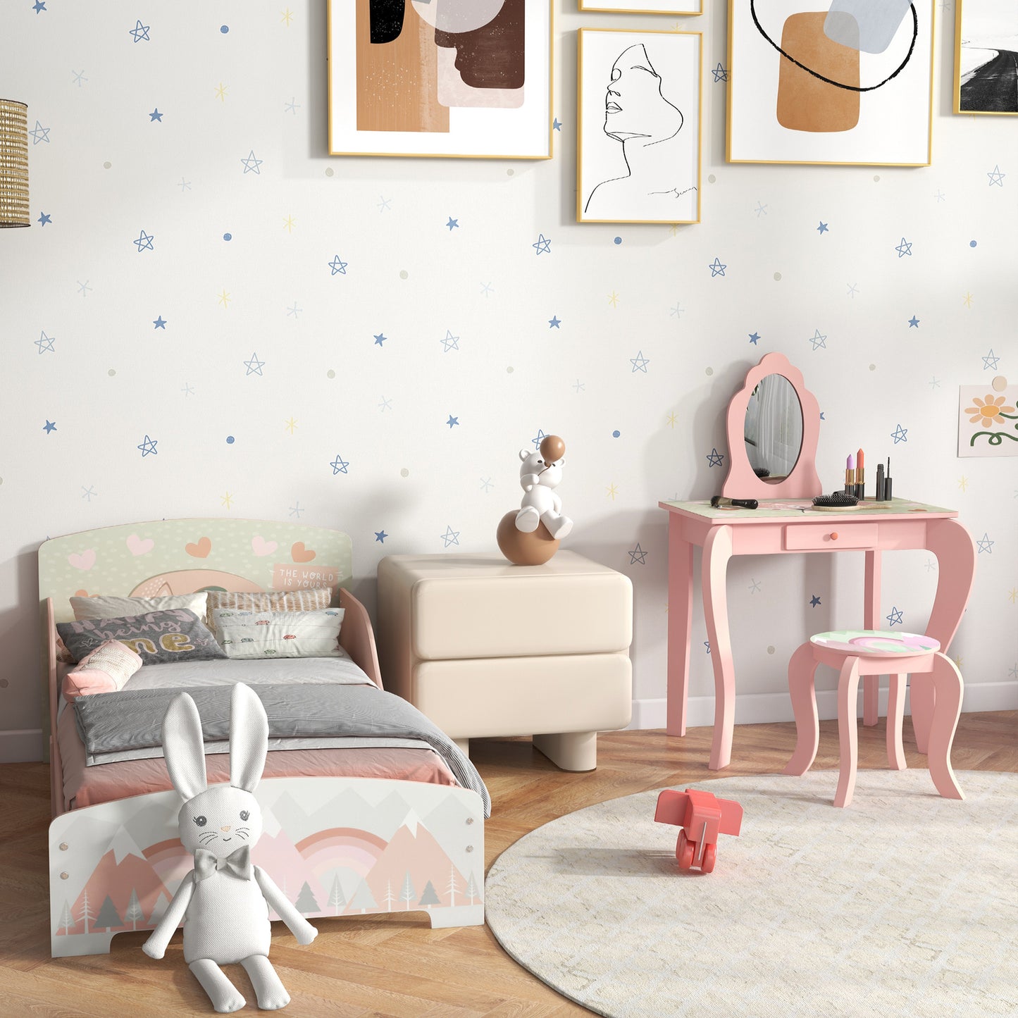 Cute Animal Design Toddler Bed Frame, Kids Dressing Table Set, Pink