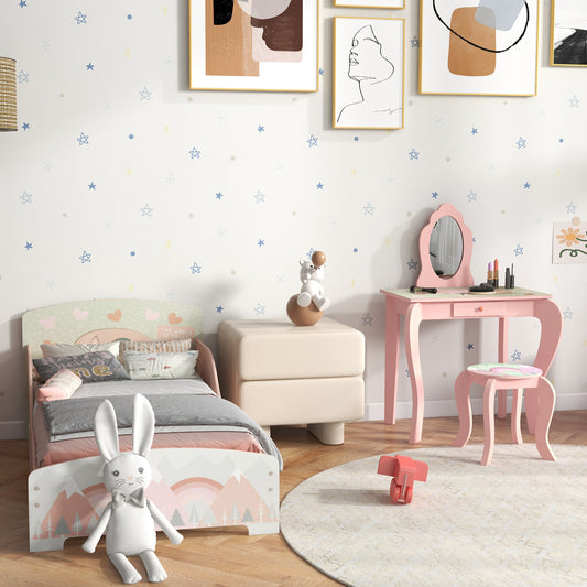 Cute Animal Design Toddler Bed Frame, Kids Dressing Table Set, Pink