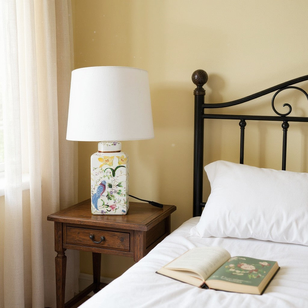 Stunning Floral Ceramic Table Lamp Pleated Shade Oriental Bird Hall Light 58Cm