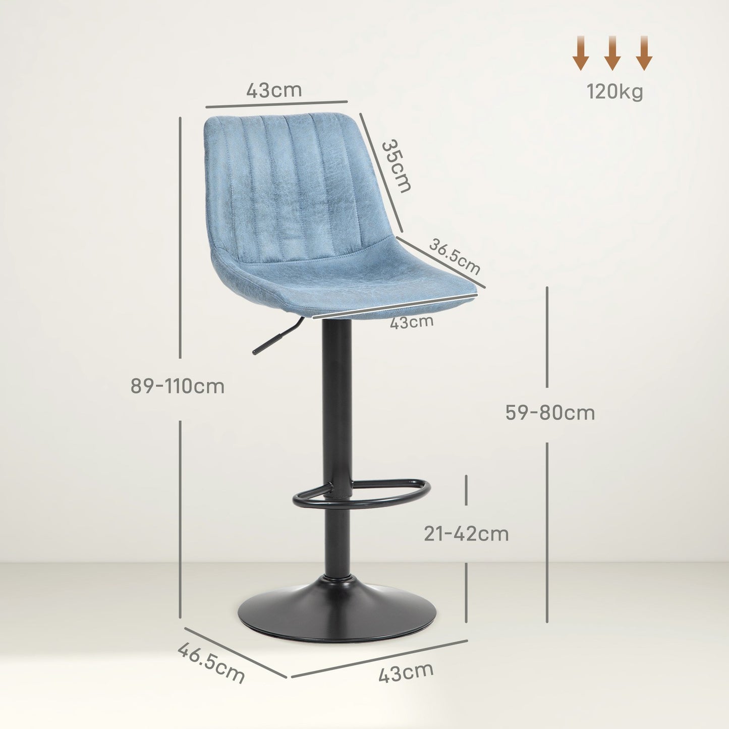 HOMCOM Set of 2 Microfibre Retro Tub Bar Stools Metal Frame Footrest Seat Blue