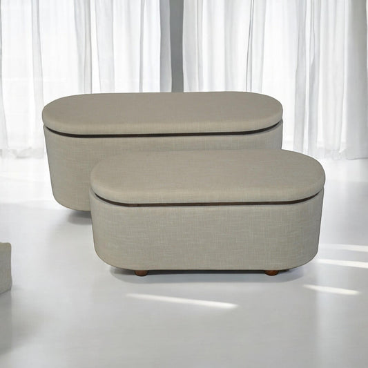 Extra Large Cream Linen Stylish Storage Seating Stools Set - 2 with Lift-Up Lids