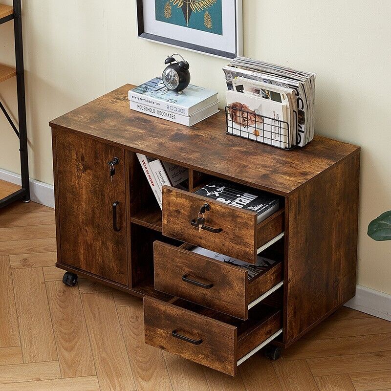Brown Wood Storage Cabinet with Shelf Drawers