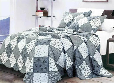 3-Piece Quilted Patchwork Bedspread Set - Double Size Comforter Throw with Pillowcases