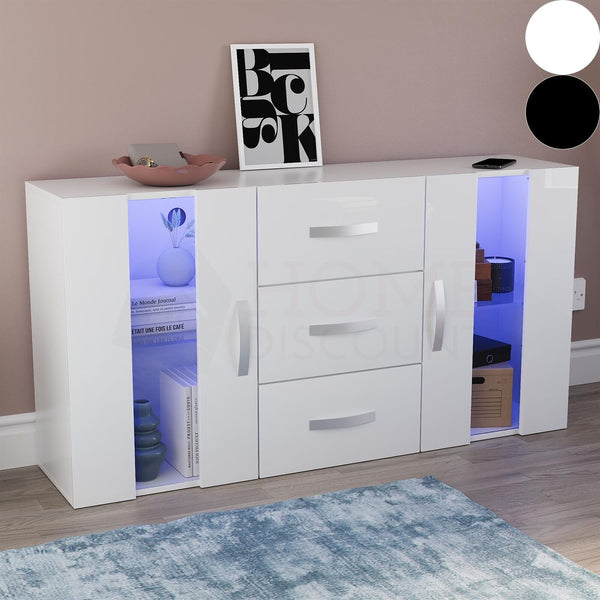 LED Sideboard 2 Door 3 Drawer Buffet Storage Cabinet Cupboard TV Unit High Gloss