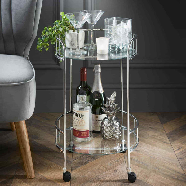 Silver Drinks Trolley With Glass Shelves - Cints and Home