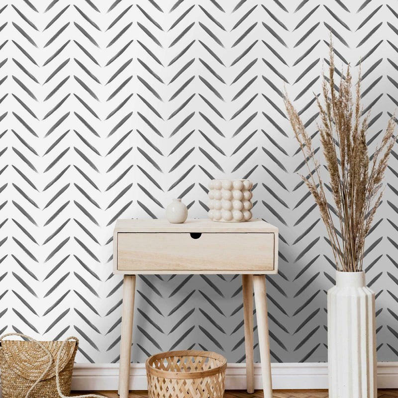 Chevron Painterly Stripes Brush Marks Black & White Wallpaper - Cints and Home