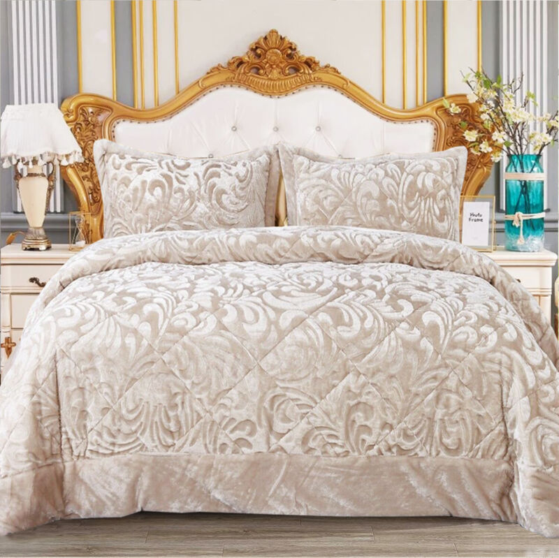 3 Piece Quilted Bedspread Throw Luxury Velvet Bedding Set
