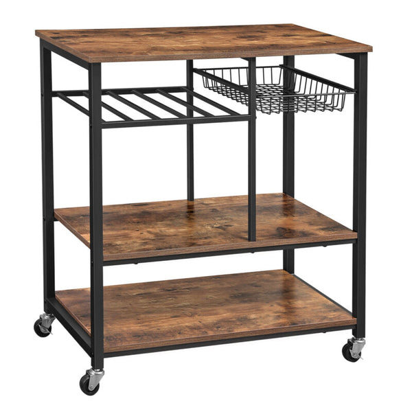 Kitchen Island, Wheels Food Trolley with Basket and Shelves - Cints and Home
