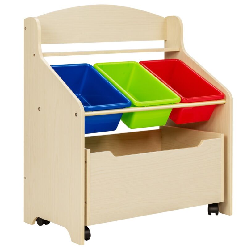 Kids Toy Storage Unit Rolling Wooden Bookcase Organizer