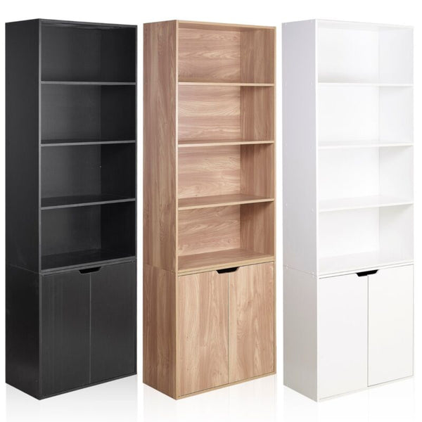 6 Tier Bookcase With 2 Door Cupboard Cabinet Storage