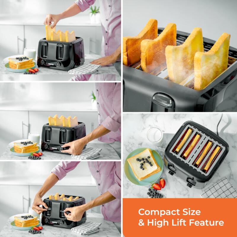 Black 4 Slice Toaster Family Size 1400W