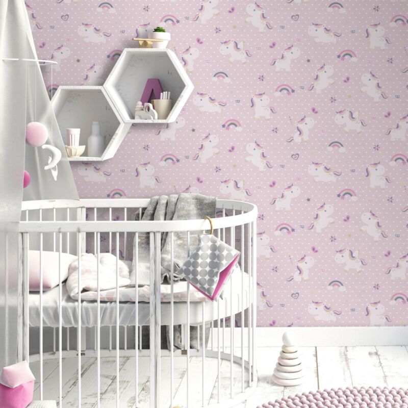 Unicorn Girls Bedroom Hearts Pink Blush Wallpaper Glitter - Cints and Home