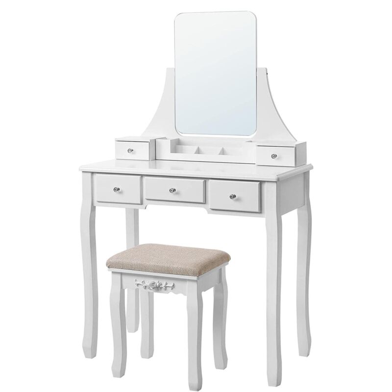 White Dressing Table Set With 360° Mirror And Stool