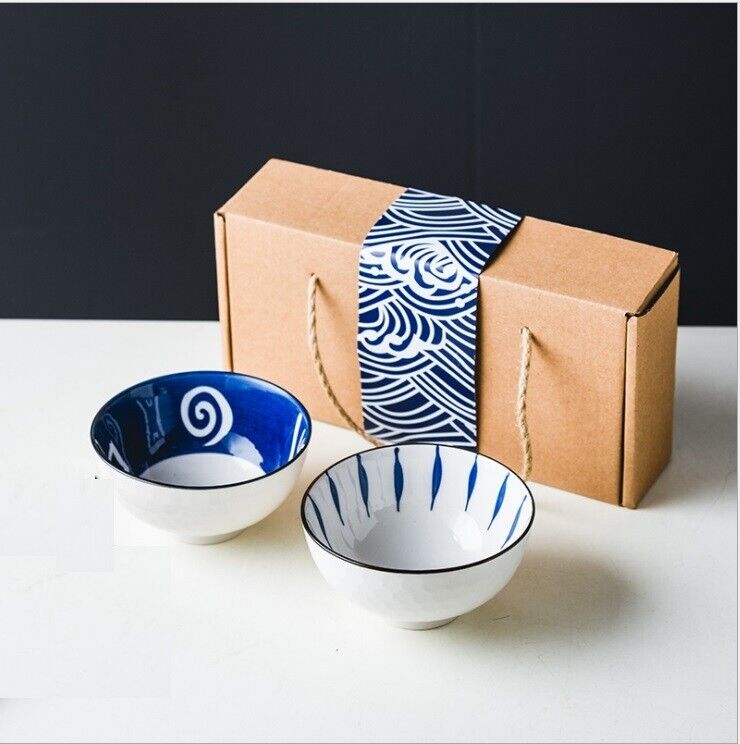 Set of 2 Blue Japanese Chinese Style Rice Bowl Gift Set - Cints and Home