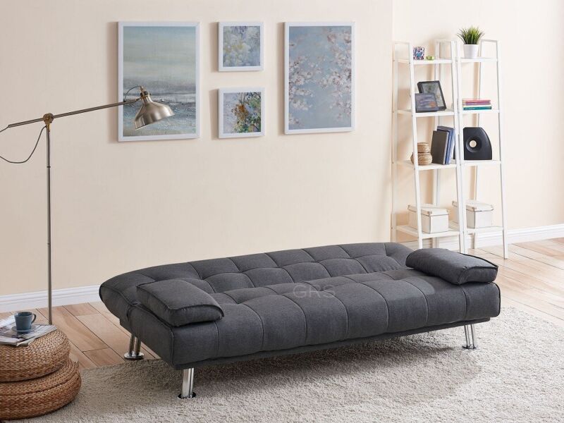 Fabric Sofa Bed 3 Seater Charcoal Tufted Padded Chrome Legs - Cints and Home