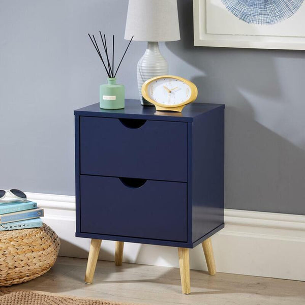 Blue 2 Drawer Bedside Cabinet Wooden Side Lamp Table Nightstand Scandi Legs - Cints and Home