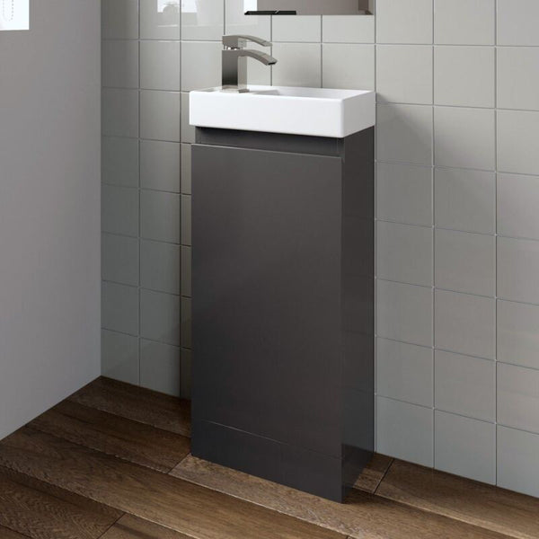 Gloss Grey Floor Standing 400mm Slim Vanity Unit Basin Sink Cloakroom Bathroom - Cints and Home