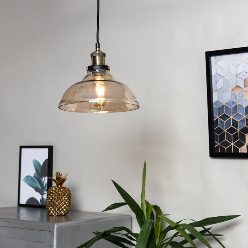 Industrial Suspended Ceiling Light Fitting Brass Amber Glass Lamp Shade LED Bulb - Cints and Home