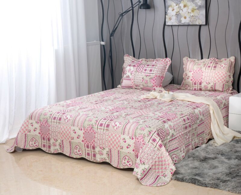 3PCs Patchwork Quilted Bedspread Printed