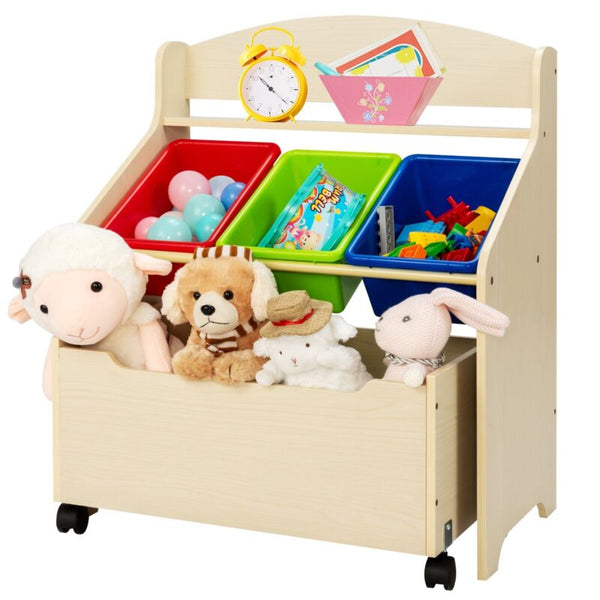Kids Toy Storage Unit Rolling Wooden Bookcase Organizer