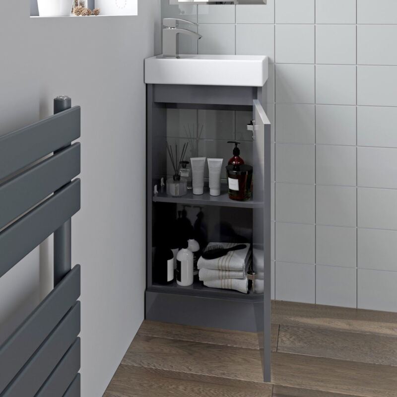 Gloss Grey Floor Standing 400mm Slim Vanity Unit Basin Sink Cloakroom Bathroom - Cints and Home