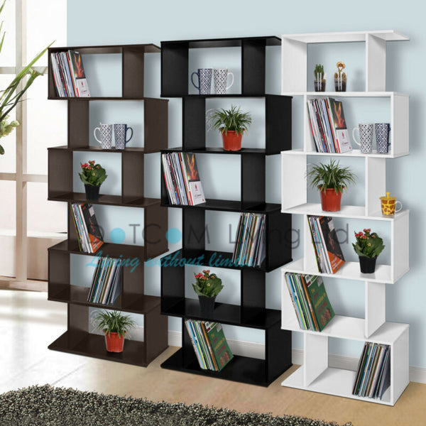 Wood Bookcase Bookshelf S Shape 6 Tier Shelves