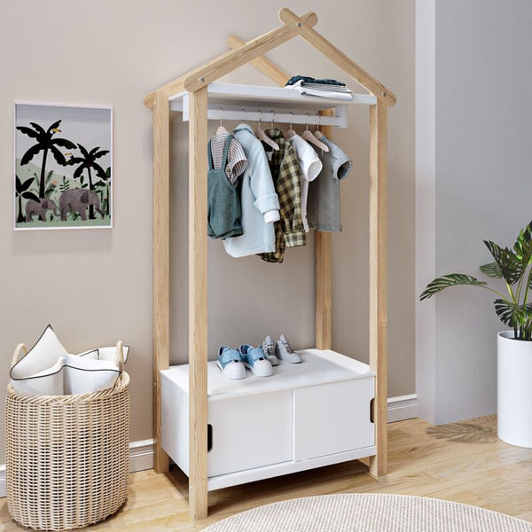 Kids White and Pine Open House Wardrobe with Storage