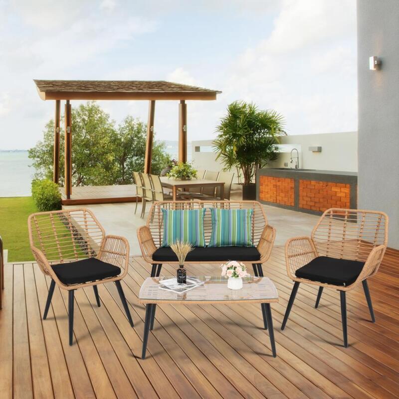 Steel Wicker Rattan Outdoor Chair Table 4 Piece - Cints and Home