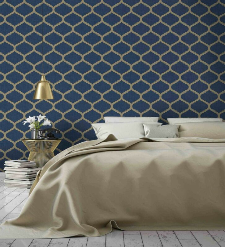 Navy Blue Trellis Wallpaper Geometric With Gold Feature - Cints and Home