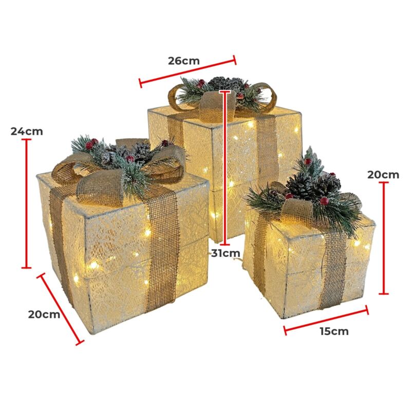 Christmas Under Tree Decorations Light Up LED Gift Boxes x 3