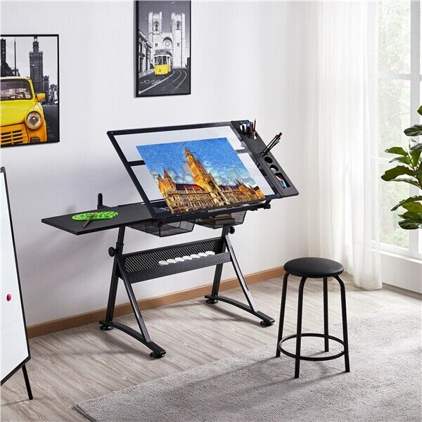 Height Adjustable Glass Drafting, Tilting Drawing table - Cints and Home
