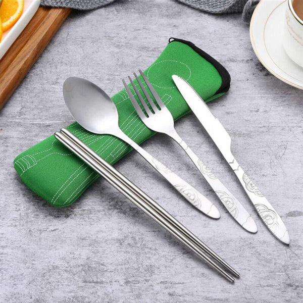 4Pcs Cutlery Travel Knife Fork Portable Bag Stainless