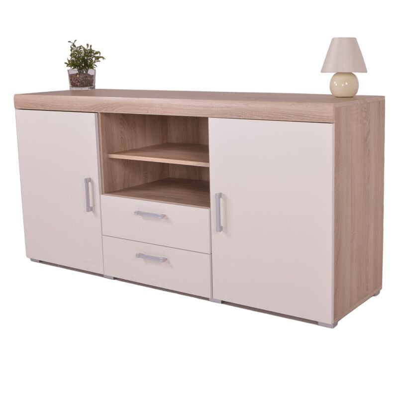 White & Sonoma Oak 2 Door 2 Drawer Sideboard Cupboard - Cints and Home