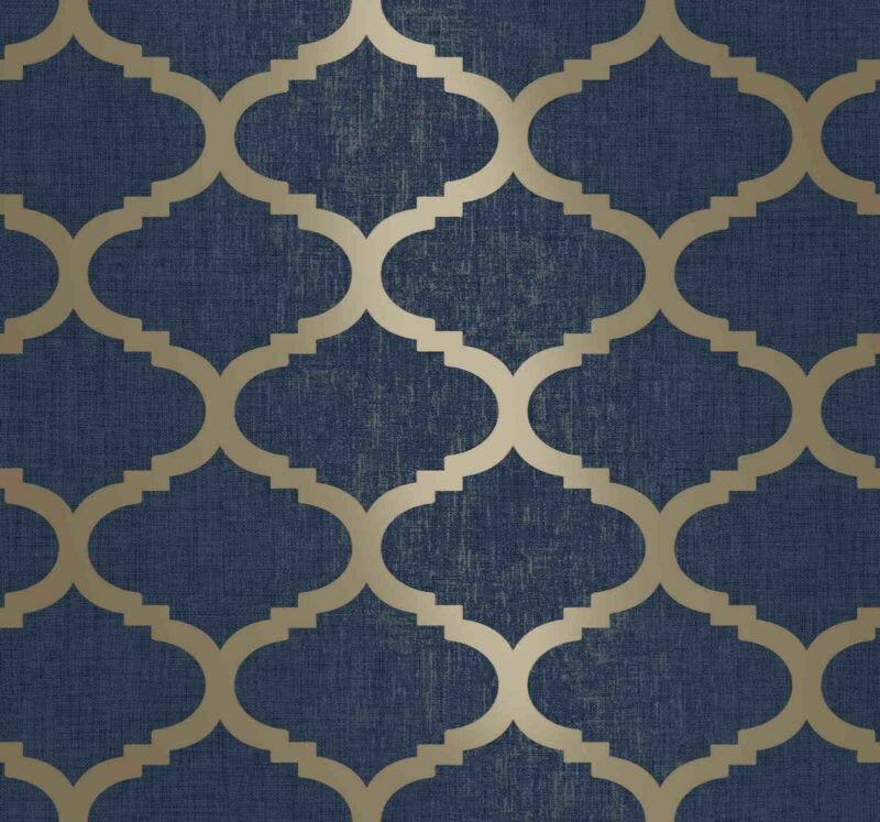 Navy Blue Trellis Wallpaper Geometric With Gold Feature - Cints and Home