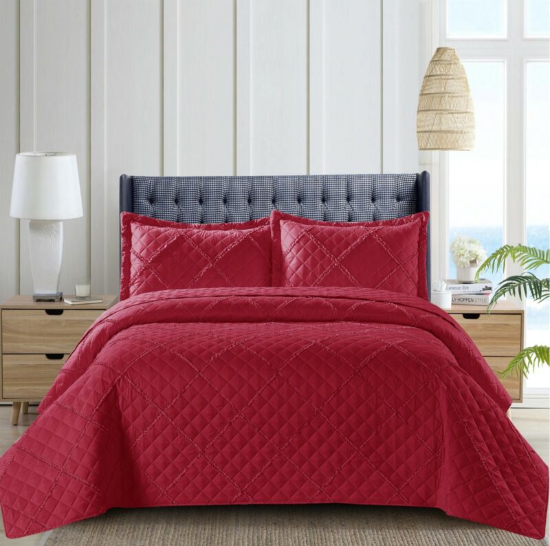 3 Piece Quilted Bedspread Embossed Bed Throw Single Double