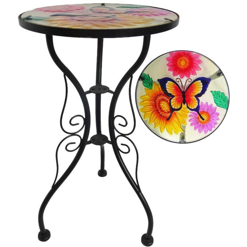 Iron/Glass Round Side Coffee Patio Table Mosaic Design