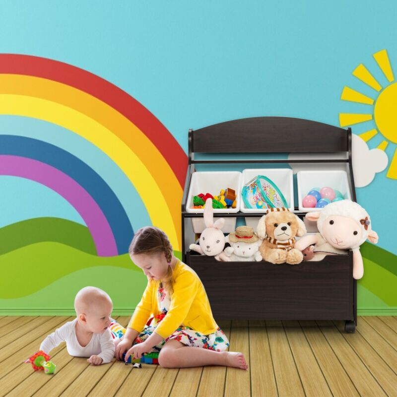 Kids Toy Storage Unit Rolling Wooden Bookcase