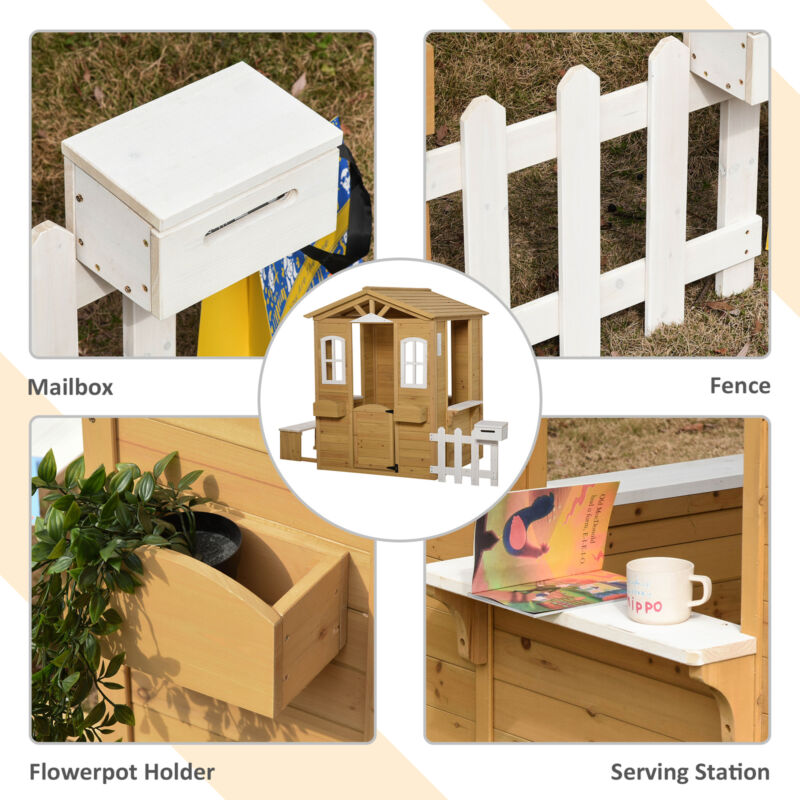 Wooden Outdoor Playhouse w/ Door Windows Bench - Cints and Home