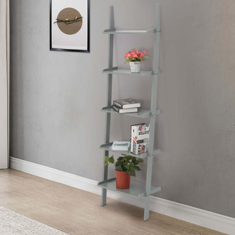 Grey Ladder Shelving Unit 5 Tier Display Stand Book Shelf - Cints and Home