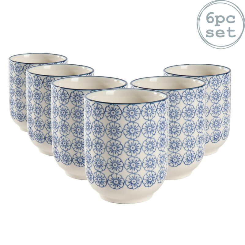Set of 6 Hand Printed Porcelain Mugs Tea Coffee