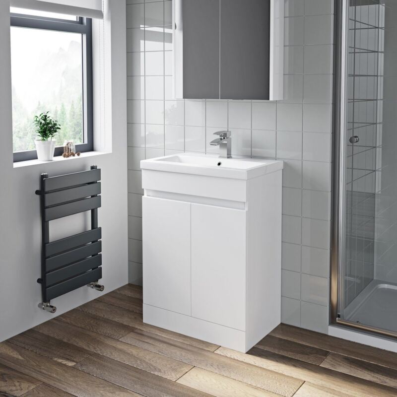 Gloss White Floor Standing Door Vanity Unit & Basin Sink 600mm Bathroom - Cints and Home