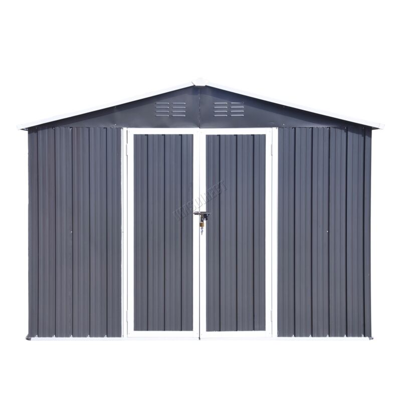 10X8FT Metal Garden Shed Apex Roof With Free Foundation Base Storage House Grey
