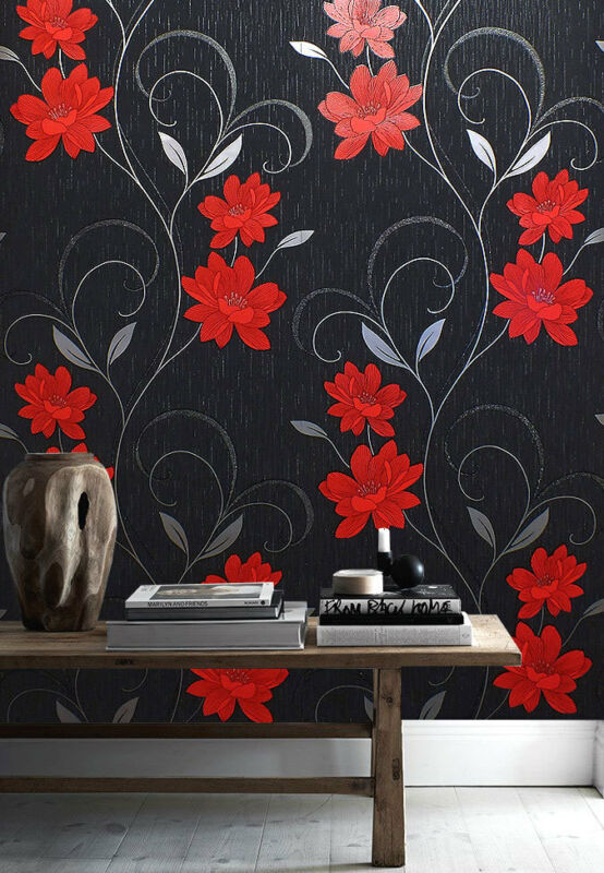 Floral Metallic Black-Red Wallpaper - Cints and Home