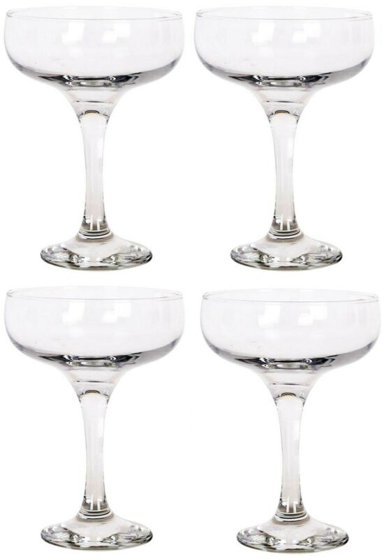 Set of 4 - Glass Champagne Glasses Saucers 235ml Coupe