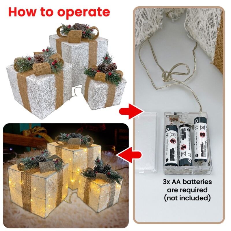Christmas Under Tree Decorations Light Up LED Gift Boxes x 3