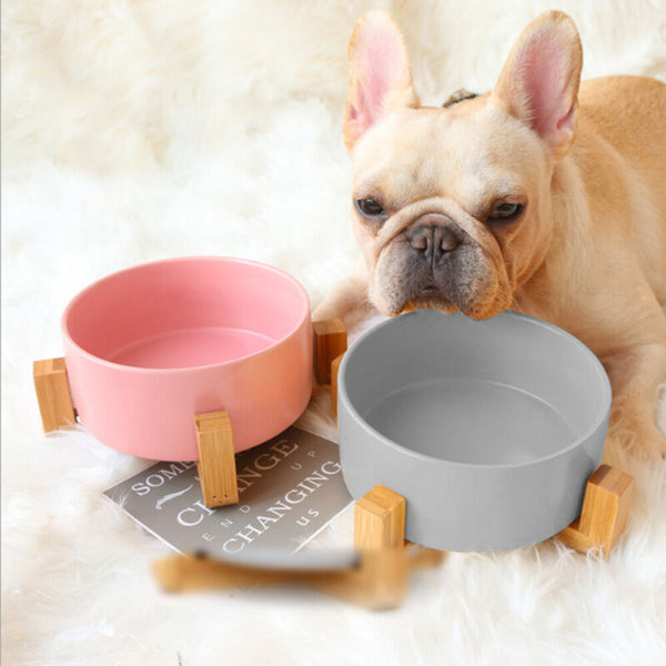 Ceramic Dog Bowl Raised Non-Slip Cat Wooden