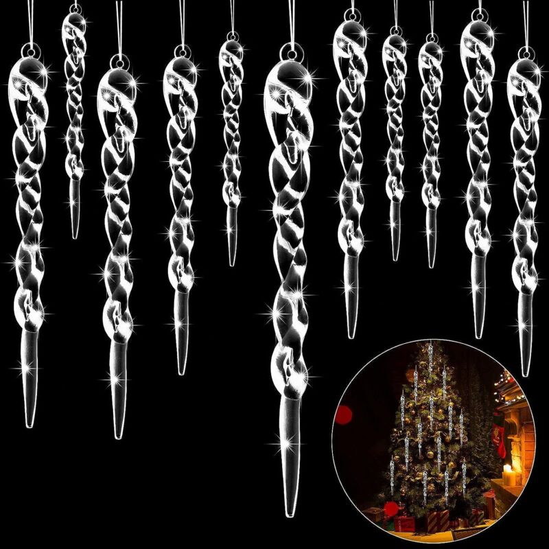 12 Ice effect Silver Hanging Icicles 13 cm