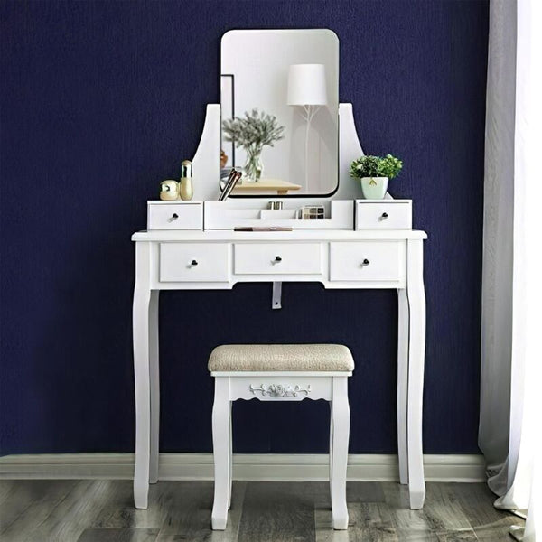 White Dressing Table Set With 360° Mirror And Stool