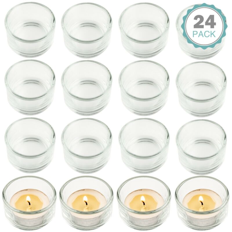 Set of 24 Circle Tea Light Candle Holders Clear Glass Design Stylish Decor