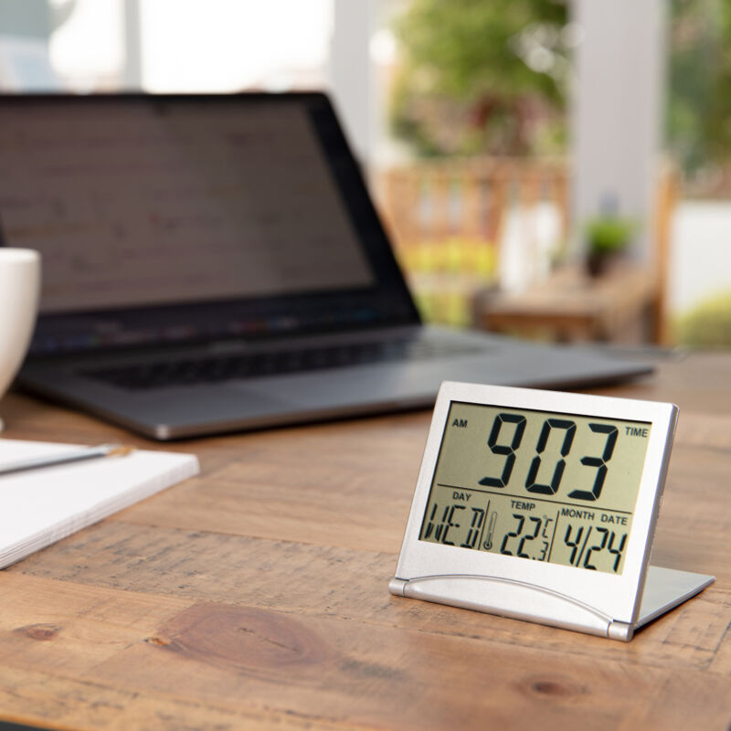 Desk Top Clock Silver Digital LCD Temperature Alarm - Cints and Home